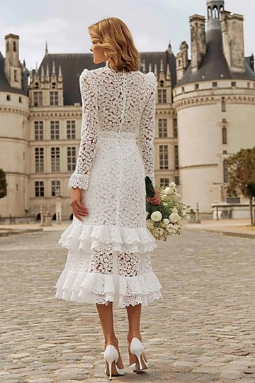 High Neck Ruffled Ivory Midi Lace Engagement Dress